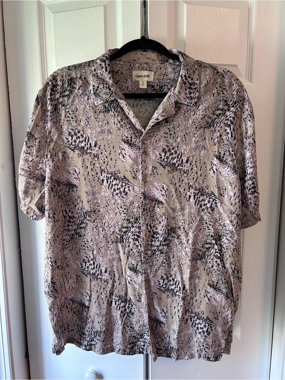 Open Edit Relaxed Fit Midnight Animal Print Camp Shirt, XL, EUC